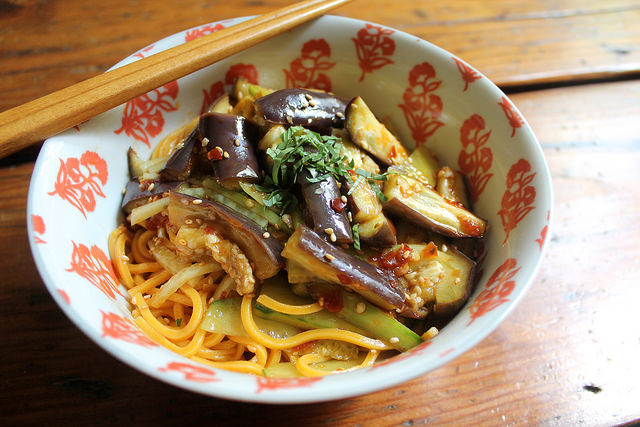 Cold Noodles with Spicy Eggplant and Cucumber Salad