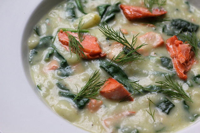 Potato Leek Soup with Salmon and Spinach