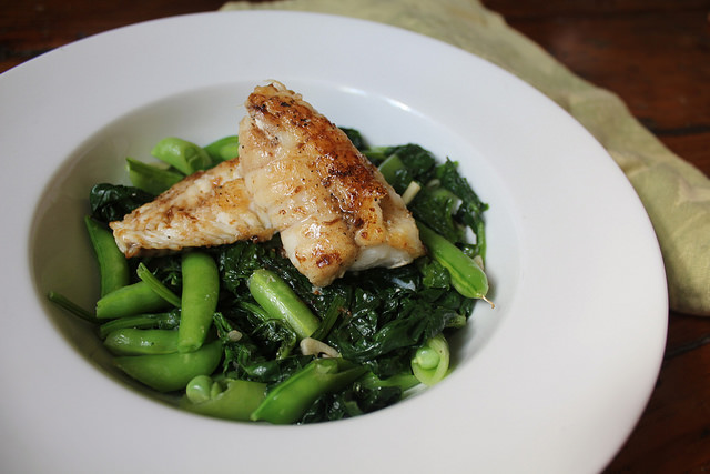 Pan-Roasted Monkfish with Spinach, Snap Peas and White Wine Sauce