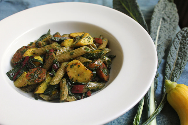 Pasta with Kale and Beet Greens Pesto, Summer Squash, Sausage & Swiss Chard