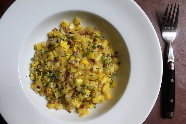 Summer Squash “Risotto” with Bacon and Shallot