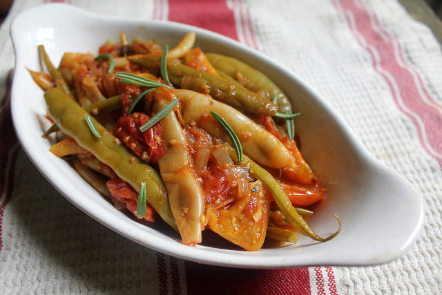Green Beans Braised with Tomatoes, Olives, Capers & Herbs