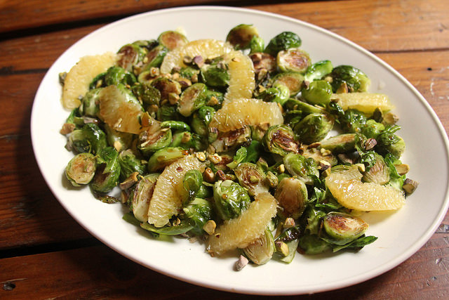 Roasted Brussels Sprouts with Oranges, Pistachios and Pomegranate Molasses
