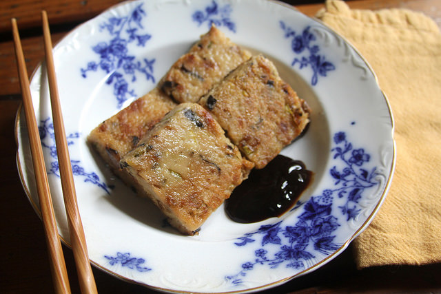 Vegetarian Turnip Cake with Shiitake Mushrooms and Fried Shallots