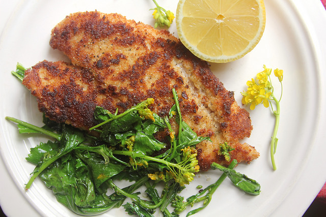 Breaded Fish Milanese with Flowering Kale