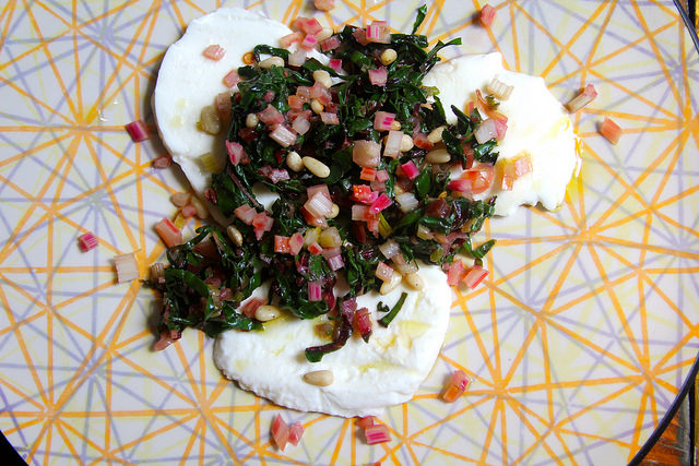 Fresh Mozzarella with Rainbow Chard, Pinenuts and Pickled Swiss Chard Stems