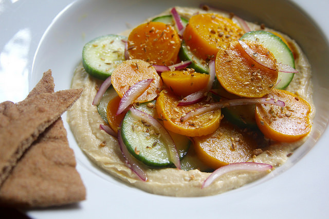 Golden Beet and Cucumber Salad with Toasted Spices, Hummus and Pita