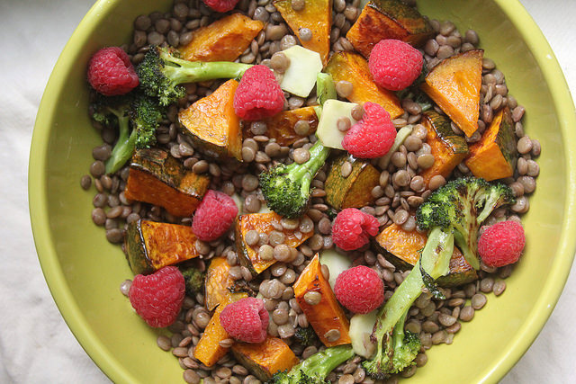 Roasted Squash, Broccoli & Lentil Salad with Raspberries