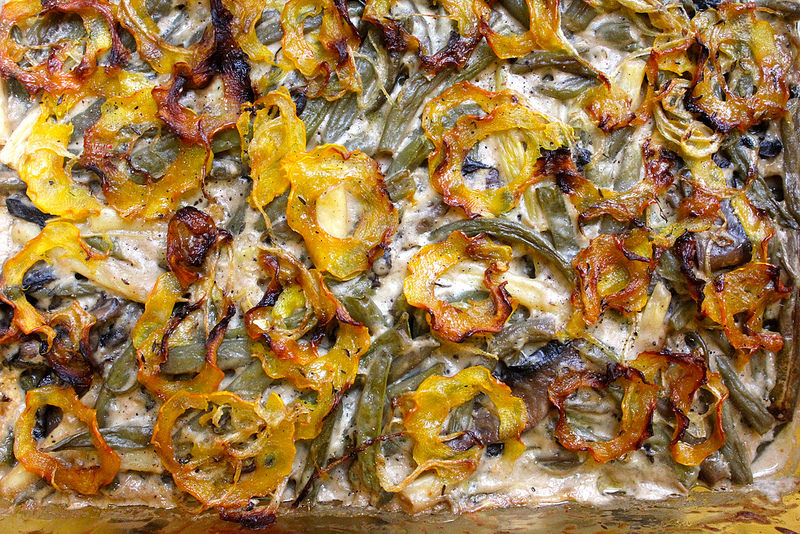 Green Bean Casserole with Shaved Delicata Squash and Onion Crust