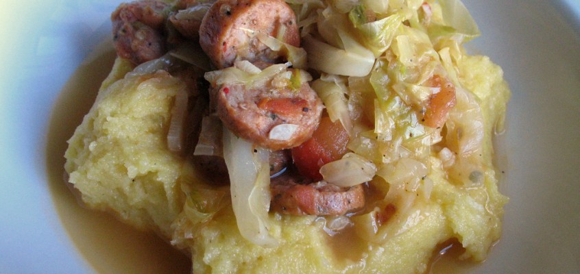 Braised Cabbage and Sausage with 10-Second Polenta