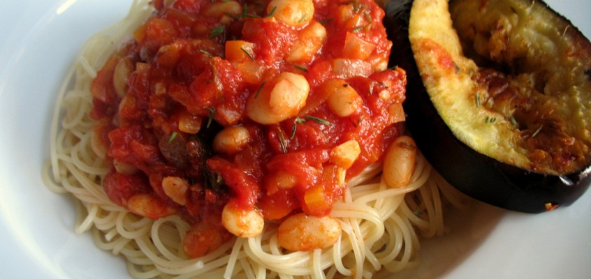 Spaghetti e Fagioli (with some eggplant on the side)