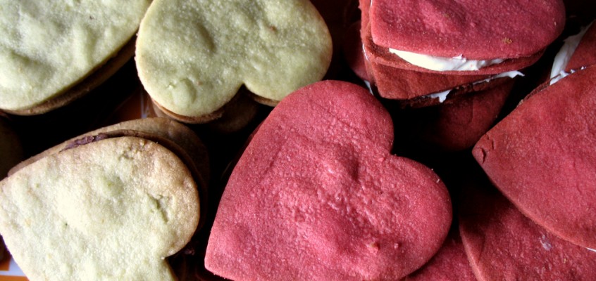 Heart Attack! Red Velvet Cream Cheese Frosting and Green Tea Red Bean Paste Valentine Sandwich Cookies