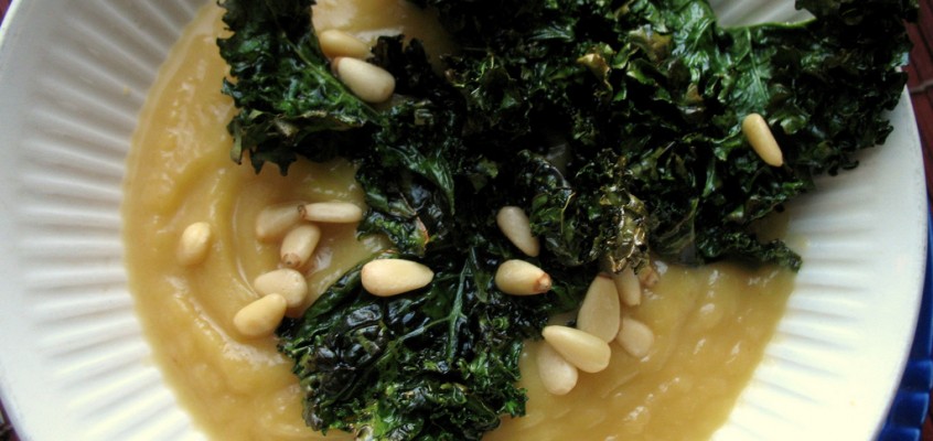 Acorn Squash Soup with Roasted Kale Chips and Pine Nuts