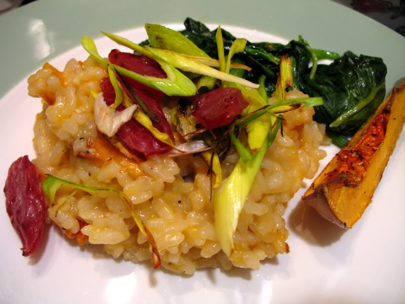 Roasted Butternut Squash Risotto with Wilted Spinach, Leeks and Chinese Sausage