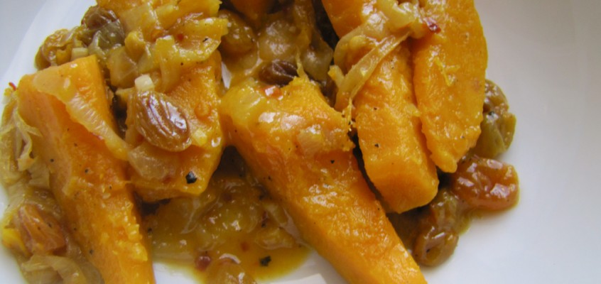 Apple Cider-Braised Kabocha Squash with Golden Raisins and Onion