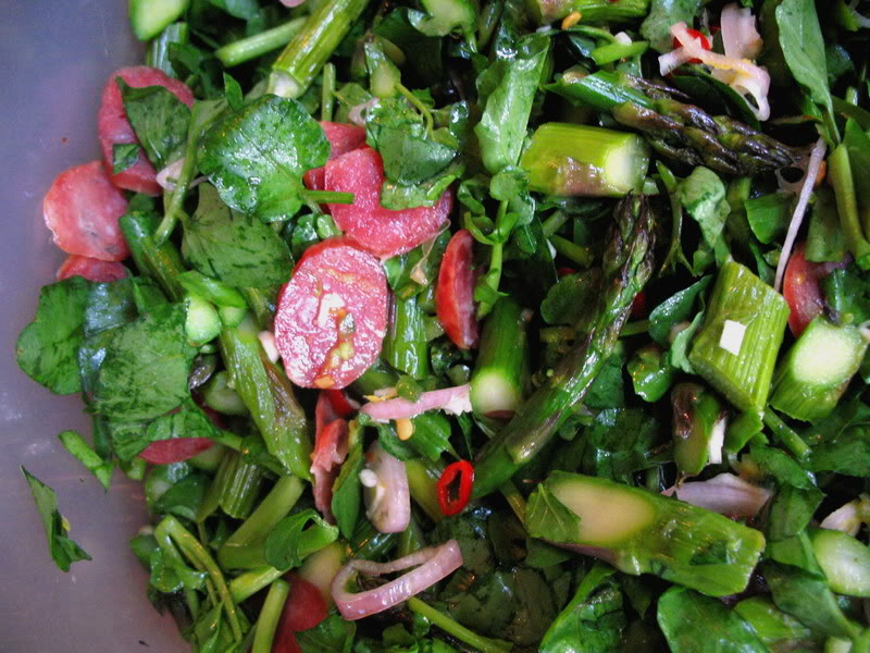Roasted Asparagus Salad with Chinese Sausage and Watercress