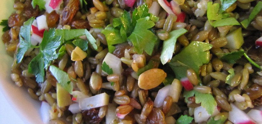 Spelt Pilaf with Pickled Radish, Pumpkin Seeds, Golden Raisins & Parsley