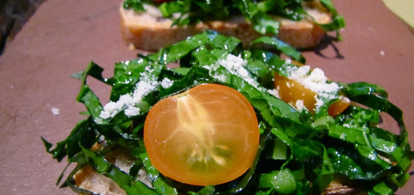 Shredded Kale & Sungold Tomato Crostini