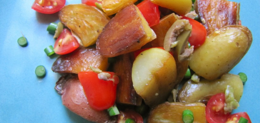 Warm Potato Salad with Tomatoes, Olives & Garlic Scapes