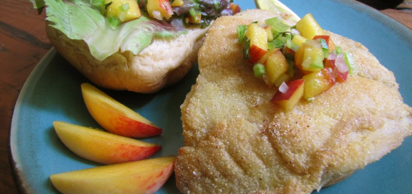Cornmeal-Crusted Fish Sandwich with Peach & Green Tomato Salsa