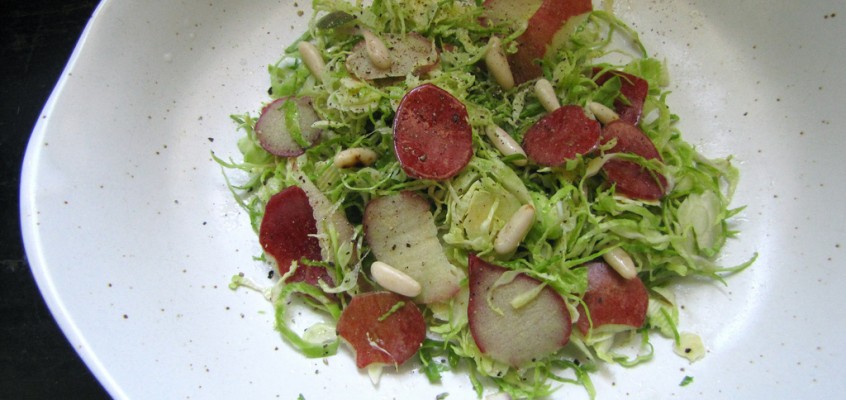Shaved Brussels Sprouts Salad with Apple Peel & Pinenuts