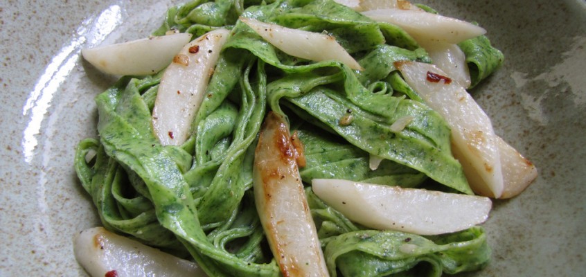 Daikon Radish Greens Pasta with Seared Daikon, Chilies, Garlic and Lemon
