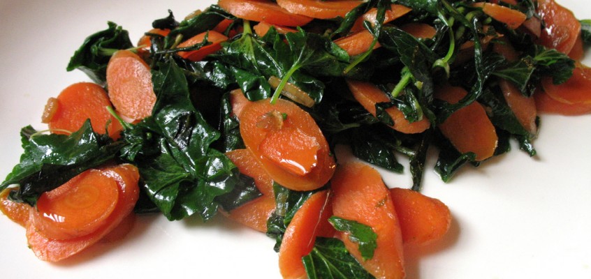 Sauteed Carrots, Dandelion Leaves and Violet Leaves with Argan Oil