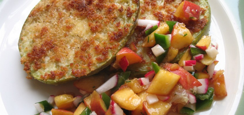 Fried Green Eggplant with Peach Salsa