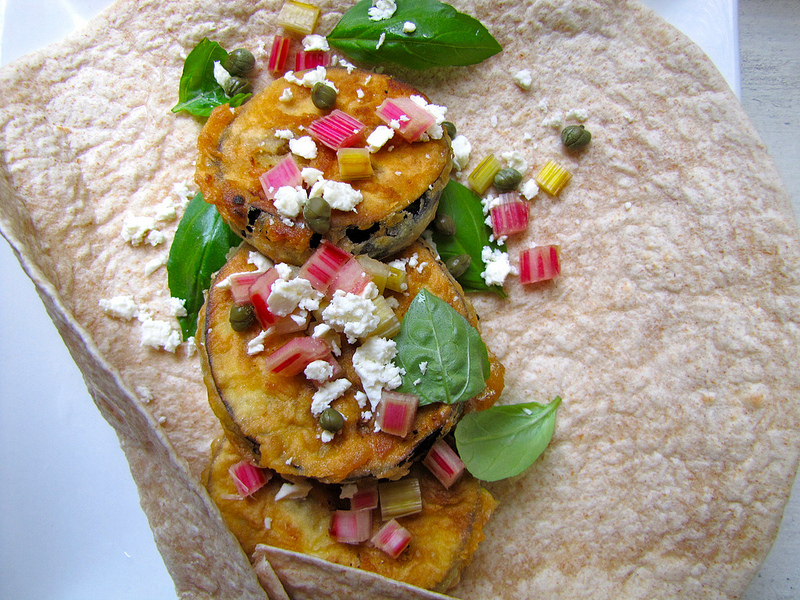 “Shallow-Fried” Eggplant with Feta, Capers and Pickled Swiss Chard Stems