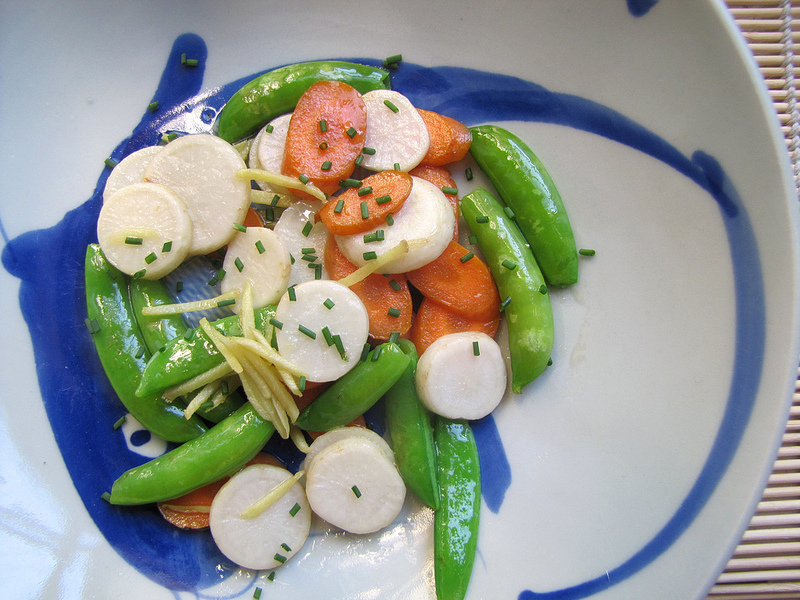 Hakurei Turnip Sautée with Ginger, Carrots and Sugarsnap Peas