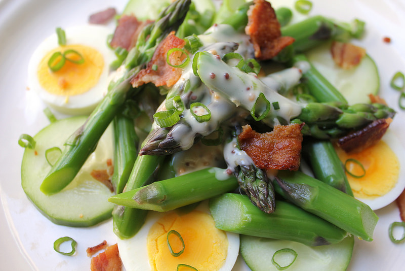 Blanched Asparagus Salad with Cucumber, Hard-Boiled Egg and Bacon