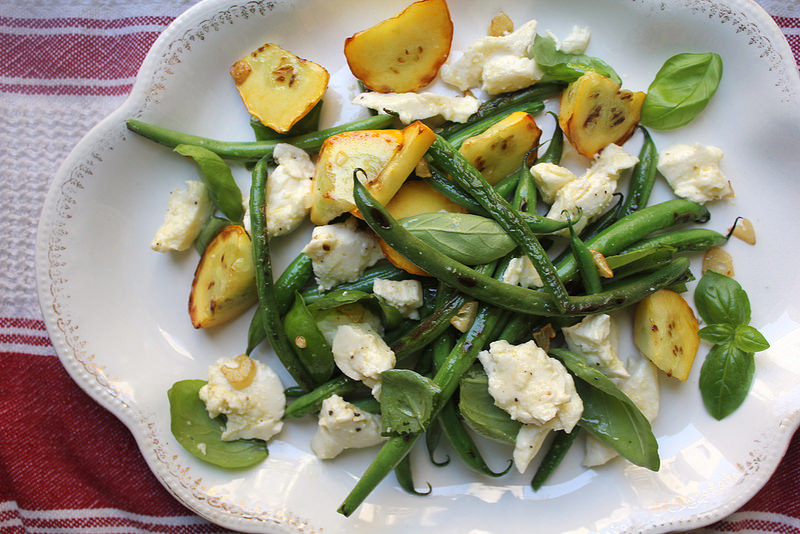 Charred Green Bean and Summer Squash Salad with Fresh Mozzarella and Basil